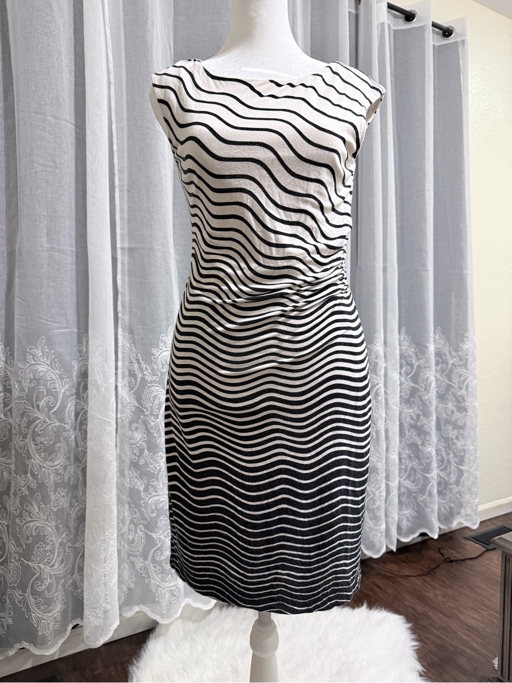 LOFT Black & White Wavy-Stripe Midi Sheath Dress